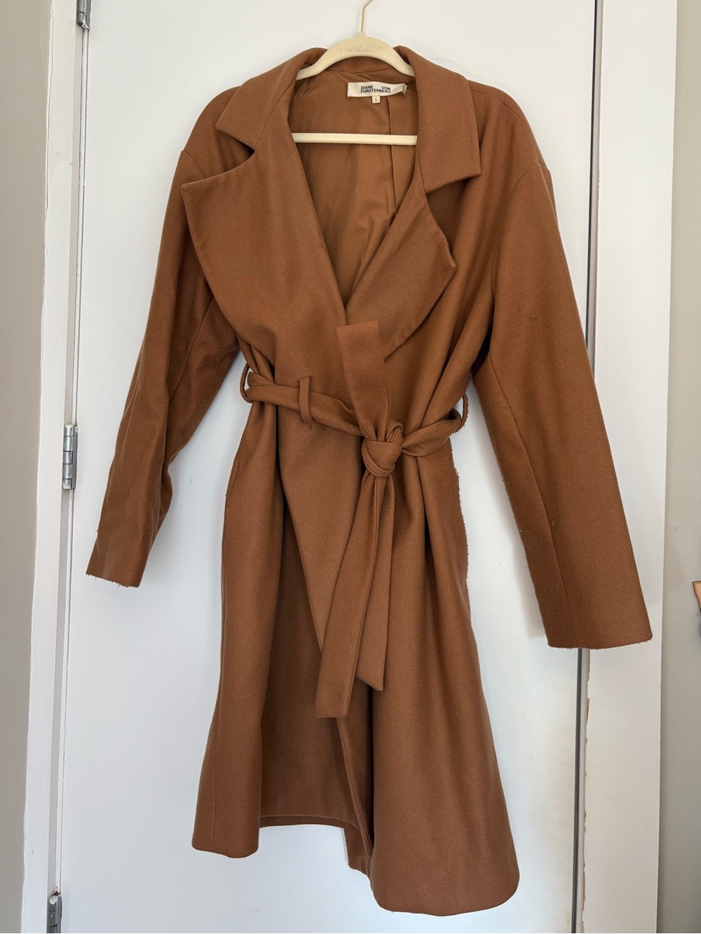Diane Von Furstenberg Camel Wrap Belted Long Sleeve Coat Dress